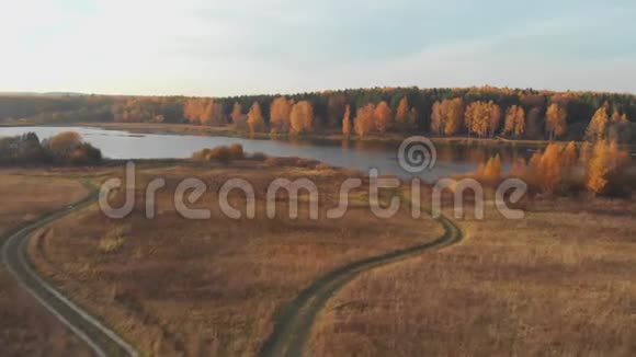 鸟瞰晴天飞越美丽的秋色明亮的森林和湖泊视频的预览图