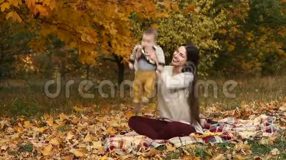 妈妈和儿子在秋天公园视频的预览图