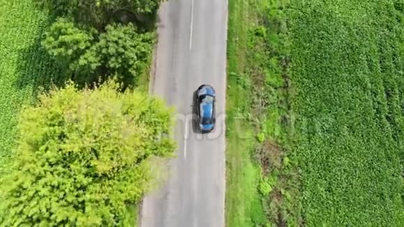 摄像机正在追逐那辆沿着绿色田野之间的道路行驶的汽车视频的预览图