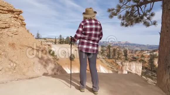 一个女人站在岩石的边缘望着布莱斯峡谷视频的预览图