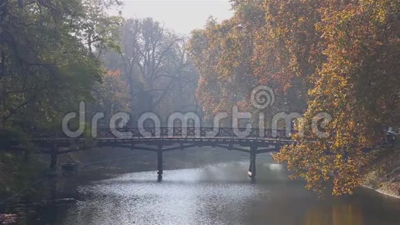 在美丽的秋日两个人在公园里的一座横跨河的木桥上散步视频的预览图