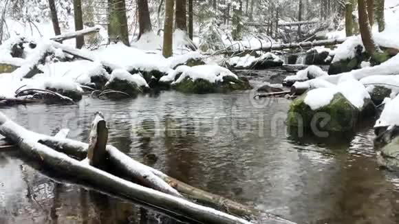 捷克共和国杰塞尼基山脉比拉奥帕瓦河瀑布的童话冬季景观4k段录像视频的预览图