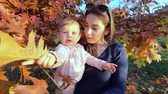 妈妈和她的小宝贝女儿站在红树前秋季公园视频的预览图