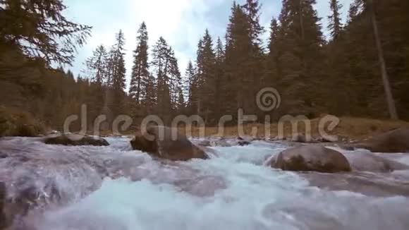 前景中水流在山林中的巨石之间流动视频的预览图