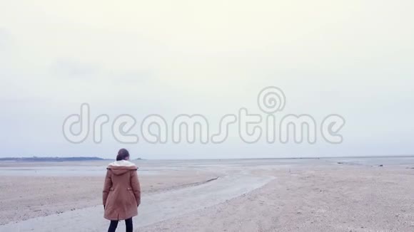 少女在空荡荡的海滩上散步视频的预览图