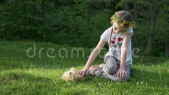 金发女孩和她的豚鼠宠物动物一起电镀在外面手持流畅的镜头夏天视频的预览图