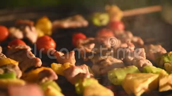 在炭火炉上烤烧烤串并有烟雾和火焰的热烧烤烧烤美味的食物和晚餐聚会视频的预览图