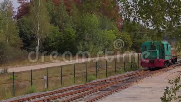 绿色机车乘火车森林铁路的机车地点视频的预览图