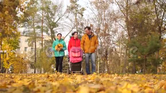 已婚夫妇带着婴儿车在秋季公园散步视频的预览图