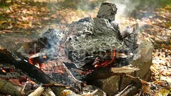 大篝火在露天燃烧旧纸躺在火焰中化为灰烬思想过去背景视频的预览图