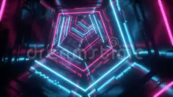 霓虹灯发光飞碟未来派紫蓝高科技飞船外星隧道走廊循环振动运动飞片详细E视频的预览图