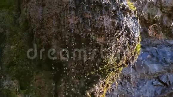 雨后小水流在岩石上特写镜头视频的预览图