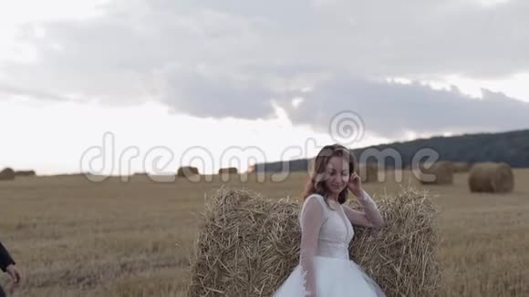 新郎和新娘在田野上新婚夫妇日落新婚快乐视频的预览图