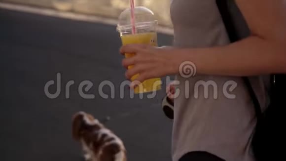 一只红白相间的猎犬和他的女主人在街上散步的镜头穿休闲装的女人和一杯视频的预览图
