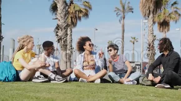 阳光下草地上时髦的年轻朋友视频的预览图