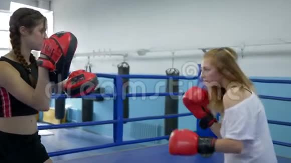 体育和人们女孩在体育运动中戴着手套从女运动员身上打拳视频的预览图