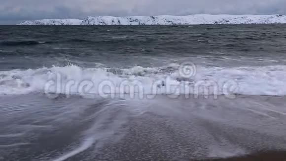 日落时在巴伦支海的一个沙海岸上挥手北极景观视频的预览图