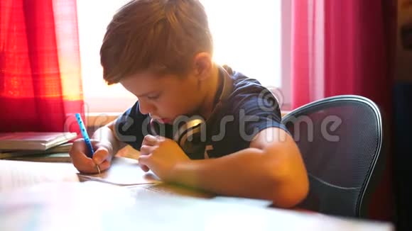 男孩坐在学校服务台工作学校教育太阳透过玻璃的光线视频的预览图