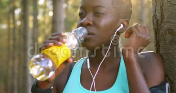 森林中的女性慢跑者饮用水4k视频的预览图