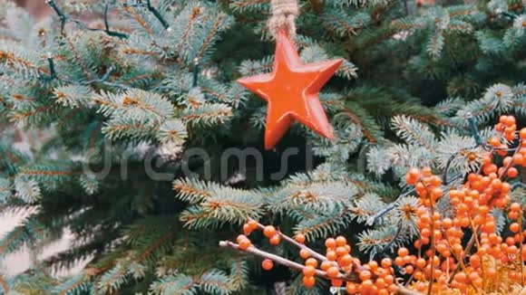 美丽的圣诞树玩具在红云杉树枝上以星星的形式出现在红色浆果树枝旁边作为圣诞节视频的预览图