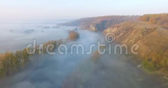 乌克兰晨雾和金色山丘下的河流鸟瞰图视频的预览图