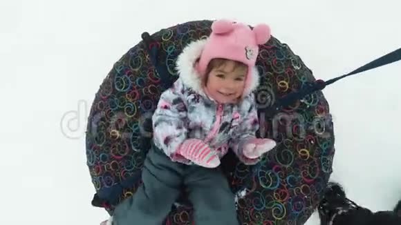 冬天休闲和娱乐的概念快乐的小女孩躺在雪橇上在运动中挥手视频的预览图