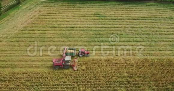 秋天的空中视野与最后的活动玉米收获和采摘干草捆视频的预览图