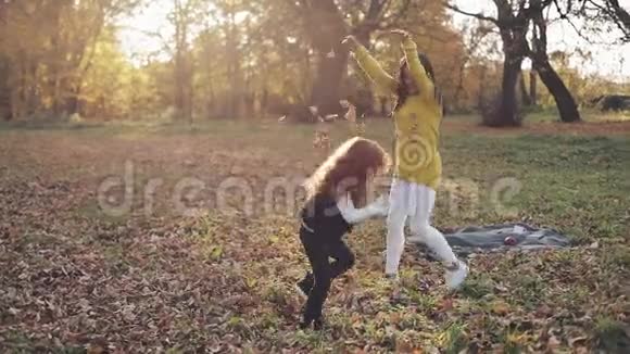 快乐的年轻母亲和她的小红发女儿在秋天的公园里玩得很开心他们玩扔树叶视频的预览图