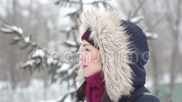 美丽的年轻女孩在浪漫的心情享受自然漫步在冬季公园视频的预览图