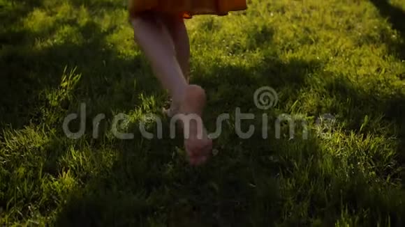 年轻迷人的女人脚在公园的草地上奔跑赤脚视频的预览图
