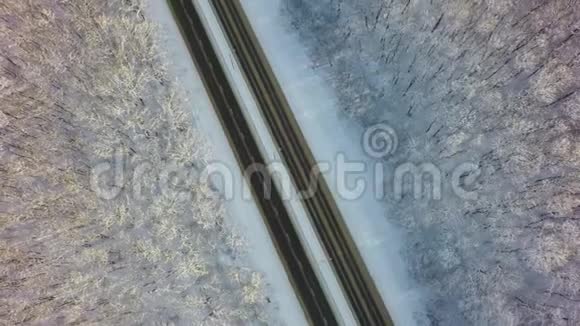 雪林两条路上的汽车从4k无人驾驶飞机俯视空中视频的预览图