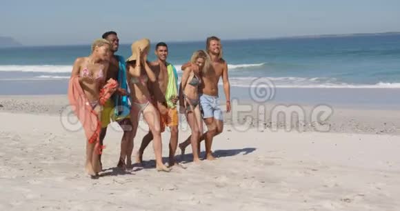 年轻的成年朋友沿着海滩散步4k视频的预览图