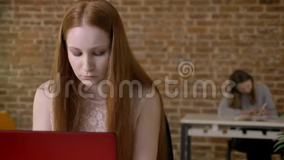 年轻的姜女在办公室里用笔记本电脑工作工作观念看镜头微笑交流观念视频的预览图