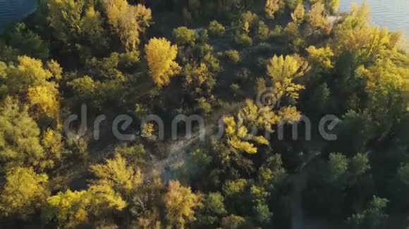 空中无人驾驶飞机的镜头秋季飞越第聂伯河岛屿视频的预览图