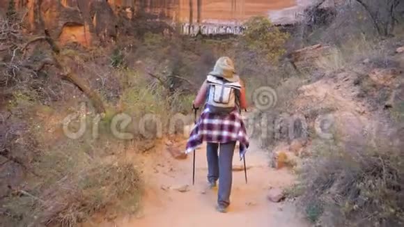 女子徒步前往红岩峡谷中一座巨大的垂直石器时代山墙视频的预览图