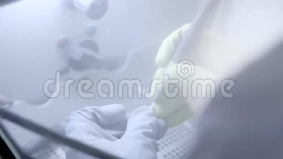 牙科技师在牙科实验室使用砂光机抛光人造陶瓷牙齿专业人士戴手套手提视频的预览图