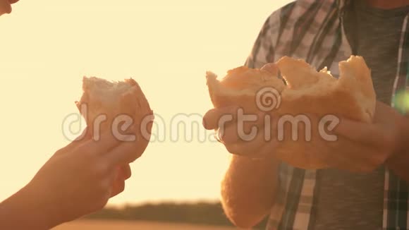 麦田里的家庭农夫吃面包健康食品收获视频的预览图
