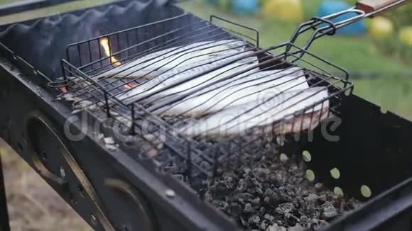 鱼在烤架上煮熟视频的预览图