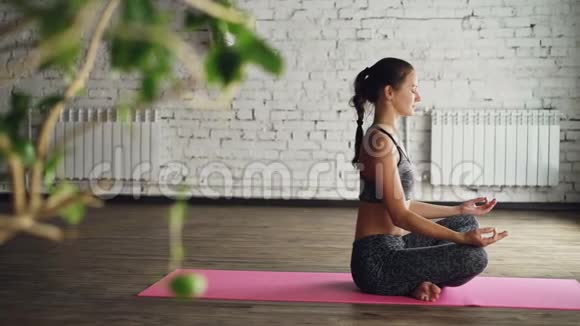 侧面观看瑜伽学生放松和呼吸同时坐在莲花的位置上明亮的垫子有魅力的女人视频的预览图