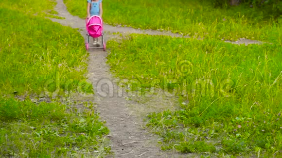 公园里带娃娃的小女孩带着婴儿车视频的预览图
