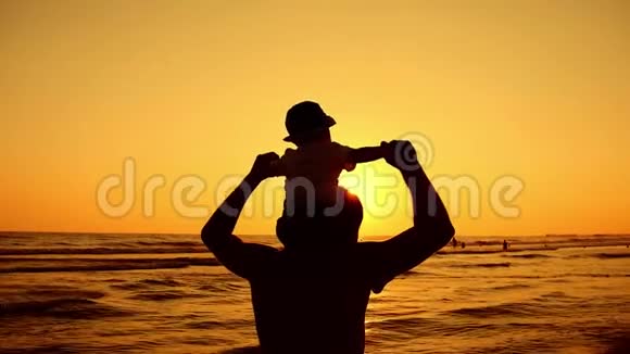 父亲和小儿子在日落时在海滩上散步和玩耍视频的预览图
