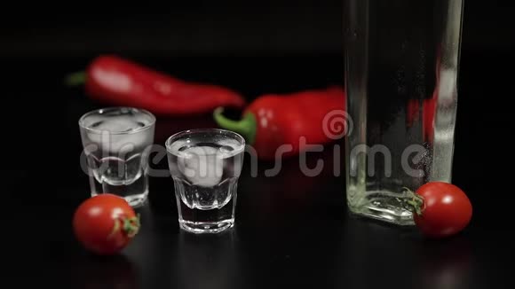 樱桃番茄卷两杯伏特加黑色背景视频的预览图