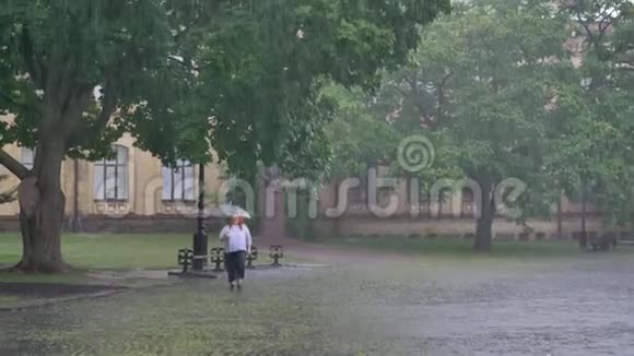 胖姜姑娘在雨中跑在公园里撑着伞视频的预览图