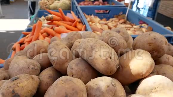 农民各种有机蔬菜的食品市场摊位视频的预览图