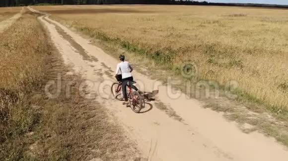 一个年轻的女人骑着自行车在马路上穿过田野从上面看空中摄影视频的预览图