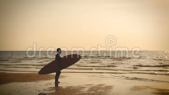 4K冲浪者的轮廓站在海边在热带海滩日落时有长长的冲浪板复古的颜色风格视频的预览图