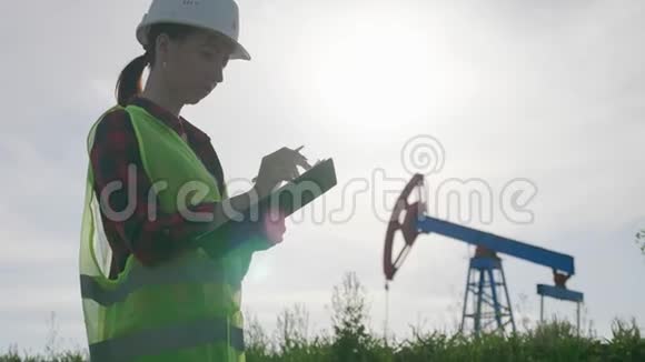 女工程师在油田剪贴板上写字女性戴白色安全帽穿工作服工业石油和天然气视频的预览图