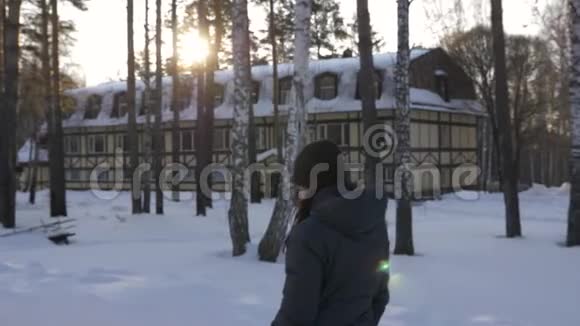 在白雪皑皑的公园里散步的女人冬天有阳光视频的预览图