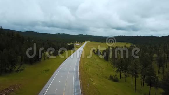 令人惊叹的空中拍摄蓝色三轮车快速行驶在美国公路公路公路之间的野生绿色森林山与树木视频的预览图