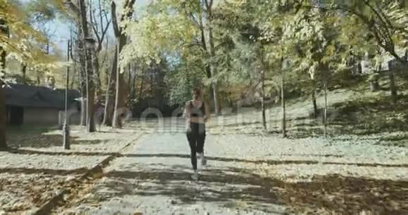阳光明媚的秋天在户外运动的年轻女运动员视频的预览图